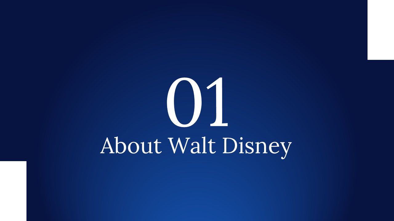 Section header slide titled about Walt Disney with large number 01 on deep blue gradient background.