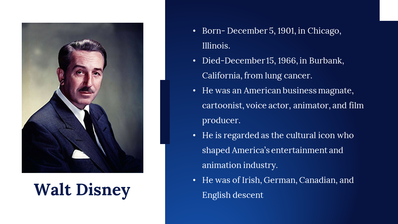 Walt Disney biography slide with formal portrait and career highlights on a dark to light blue gradient layout.