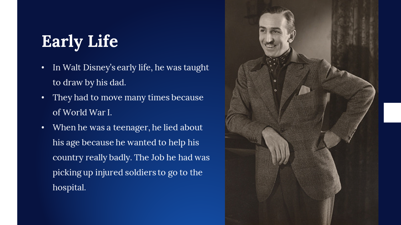 Disney’s early life slide showing his father teaching him to draw, WWI disruptions, and volunteer efforts as a teen.