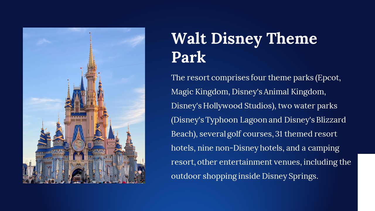 Walt Disney Theme Park slide featuring castle photo and resort details including parks, hotels, and shopping venues.