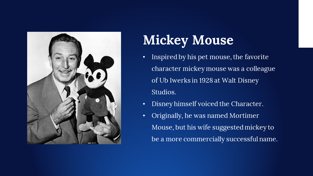 Photo of Walt Disney with early Mickey Mouse doll, next to text detailing the character’s inspiration and history.