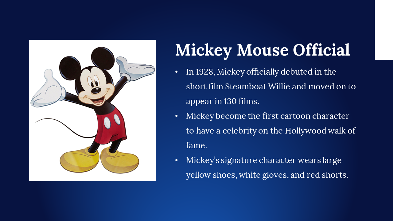 Mickey Mouse pose on left, with bullets describing his film debut, iconic attire, and historical cartoon milestone.