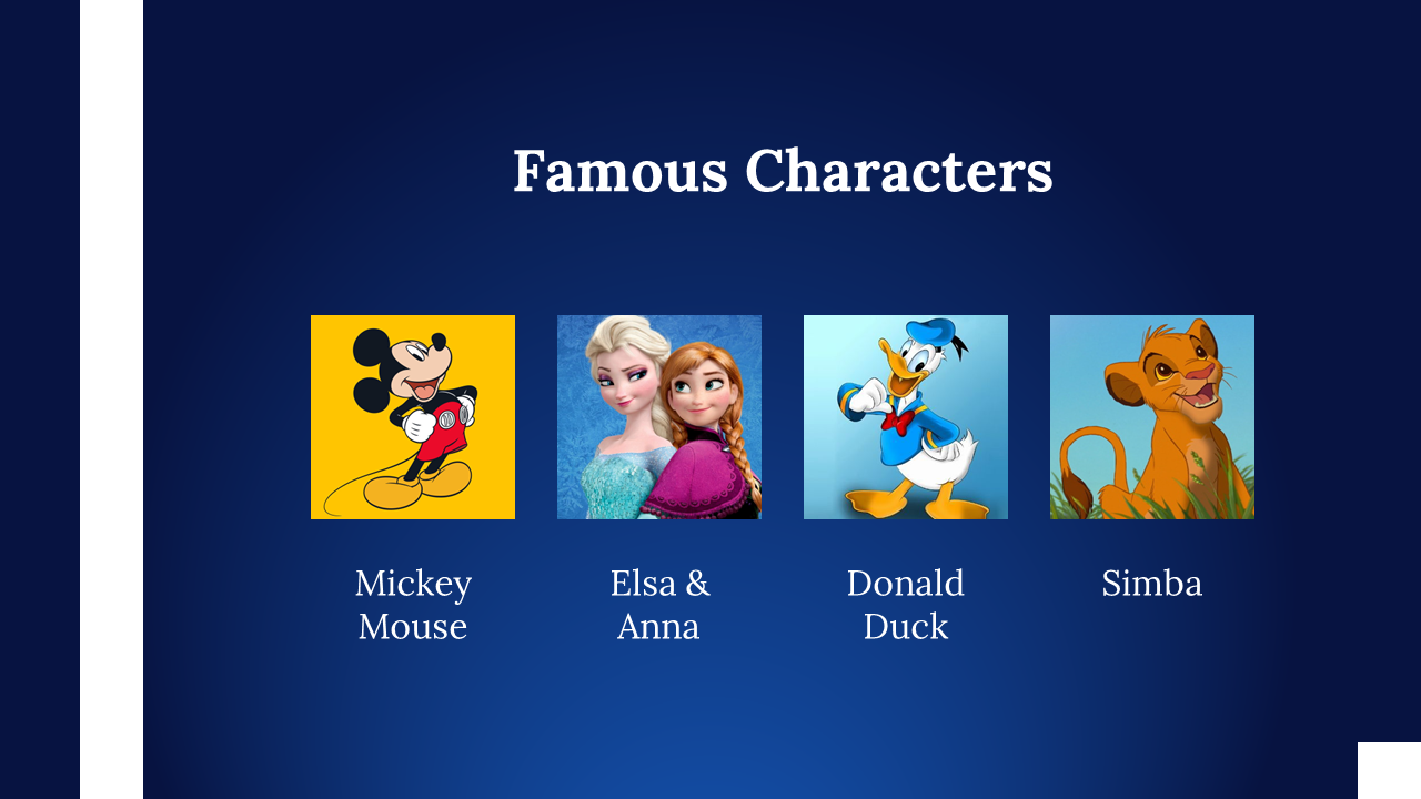 Blue slide with four Disney character images Mickey, Frozen’s Elsa and Anna, Donald Duck, and Simba from The Lion King.