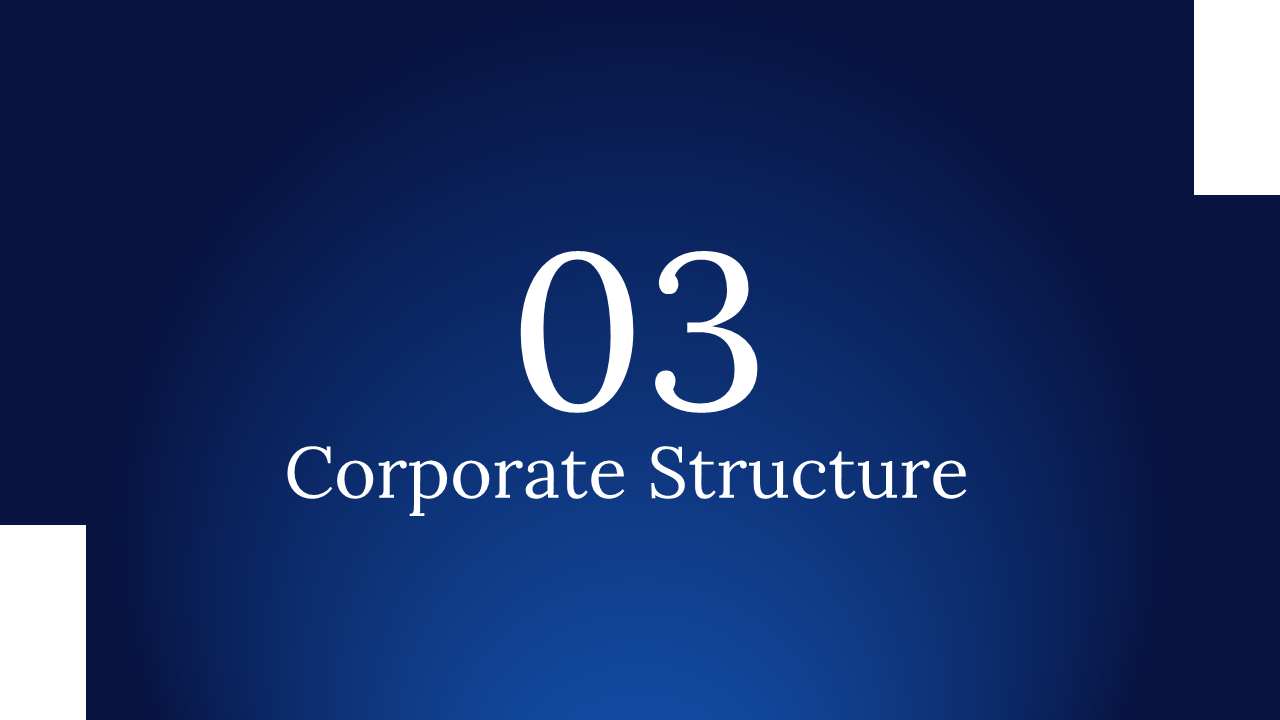 Slide with large number 03 and subtitle Corporate Structure in white, on a smooth blue gradient backdrop.