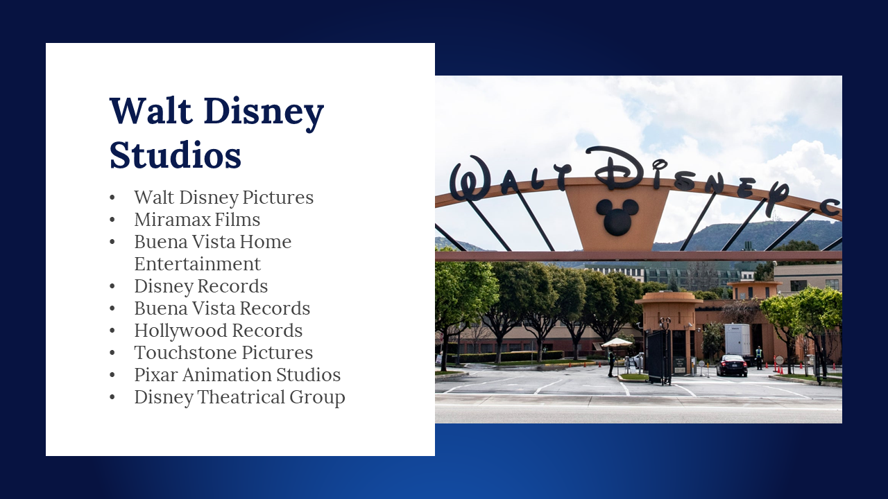 Studio entrance image beside bulleted list of Walt Disney Studios units including Pictures, Records, and Pixar.