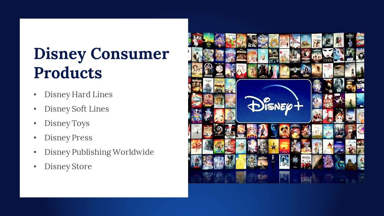 Consumer products section with movie poster background and list of Disney toy and media product categories.