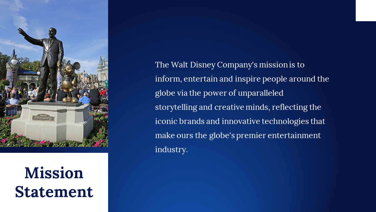 Disney mission slide featuring theme park statue of Walt and Mickey and paragraph of white mission text.