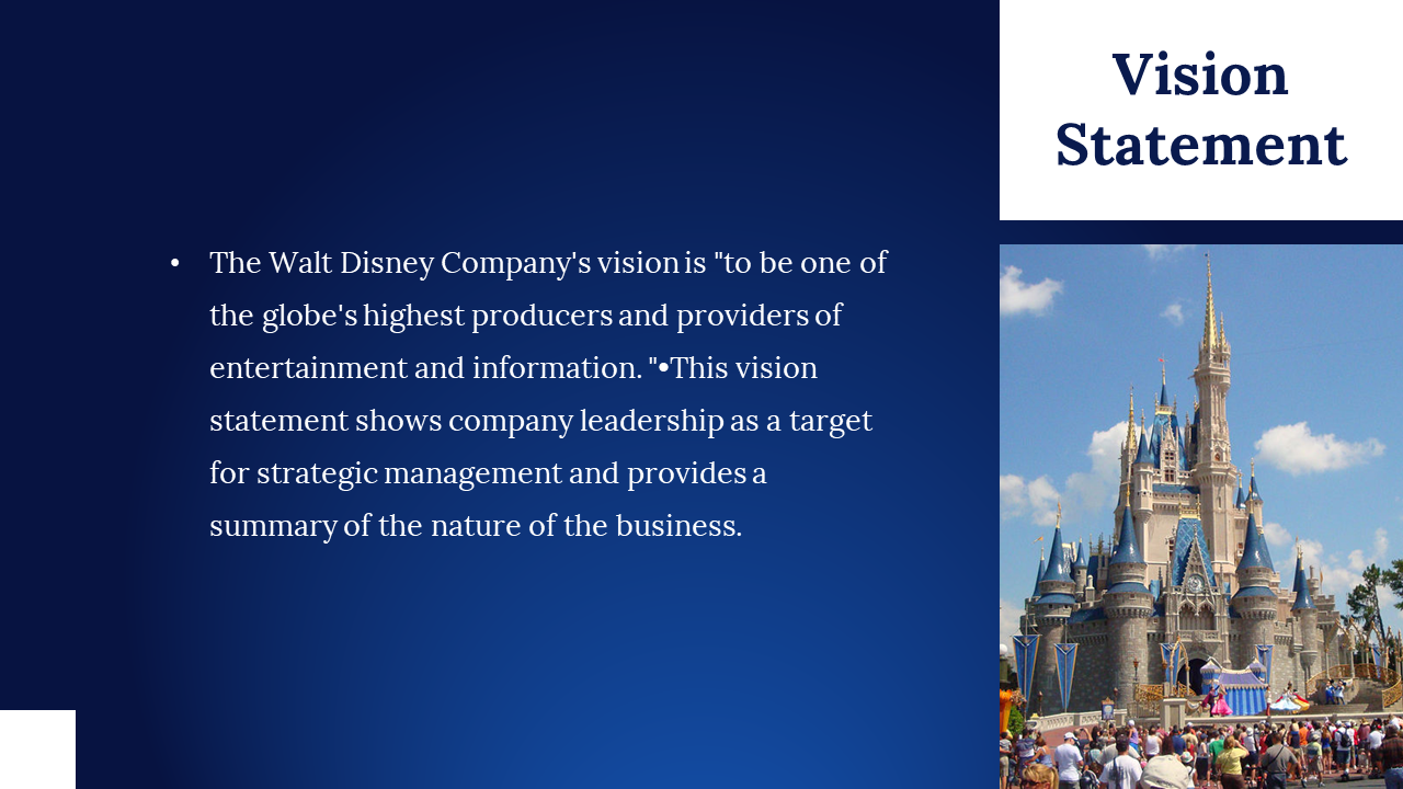 Disney vision slide featuring castle crowd scene next to white text describing company goals and strategy.