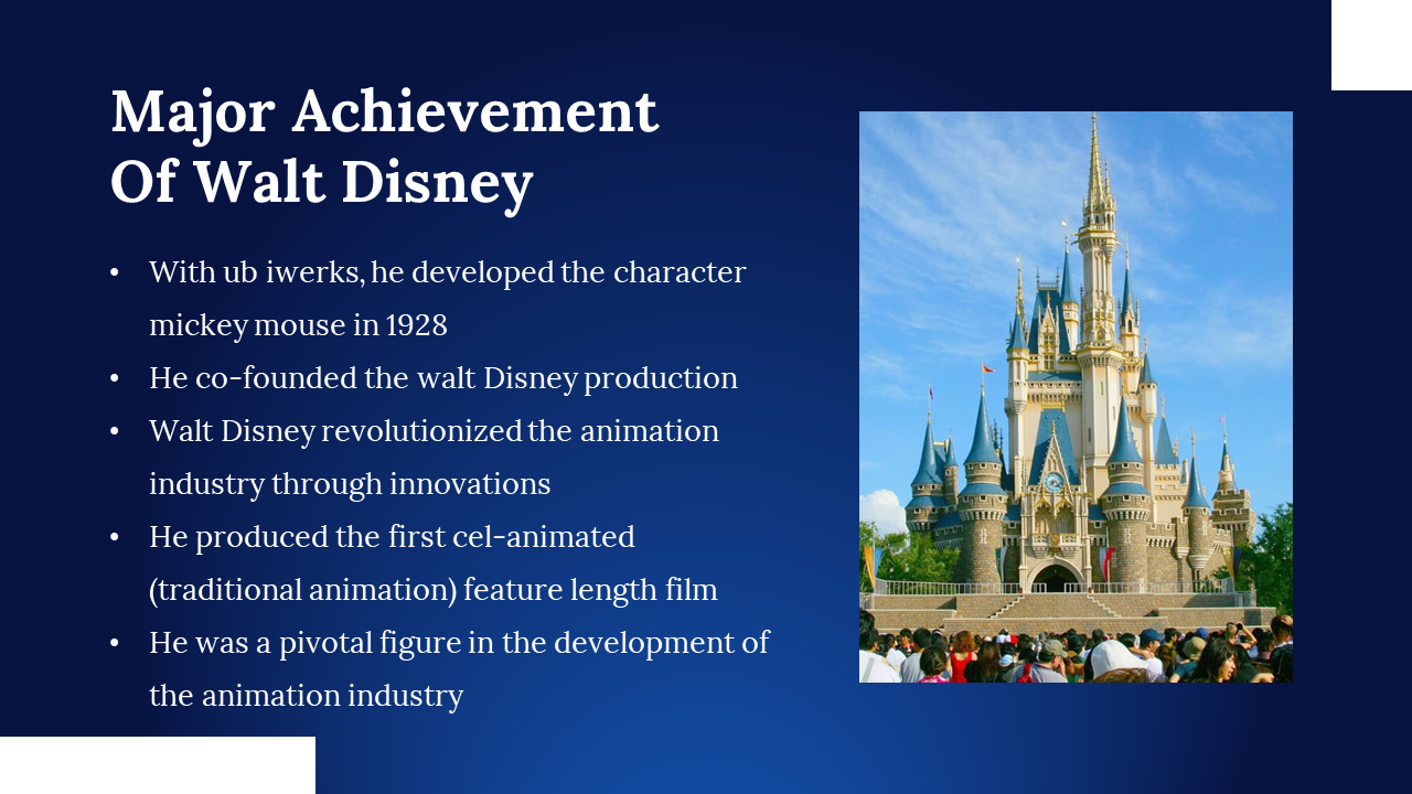 Text listing Disney’s animation achievements beside a sunny photo of a Disney castle filled with visitors.
