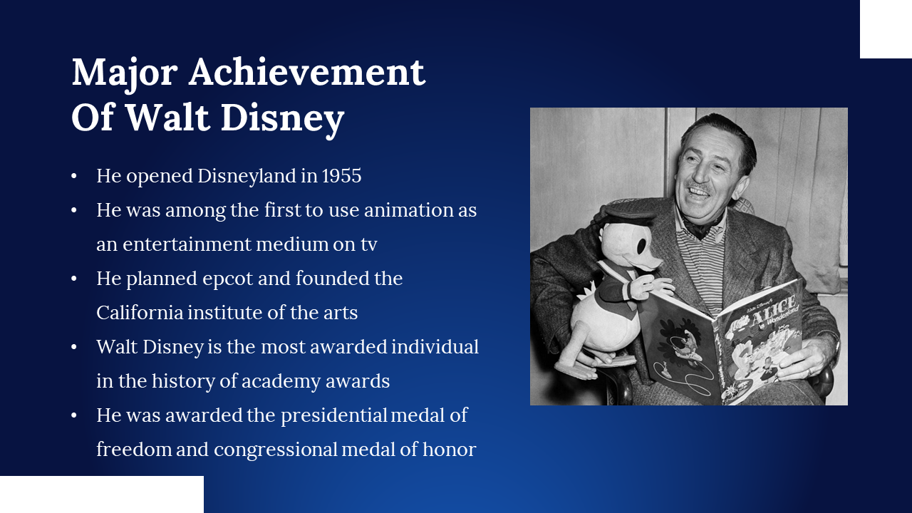 Black and white photo of Walt Disney holding a book and a Donald Duck plush, with achievement list on blue background.