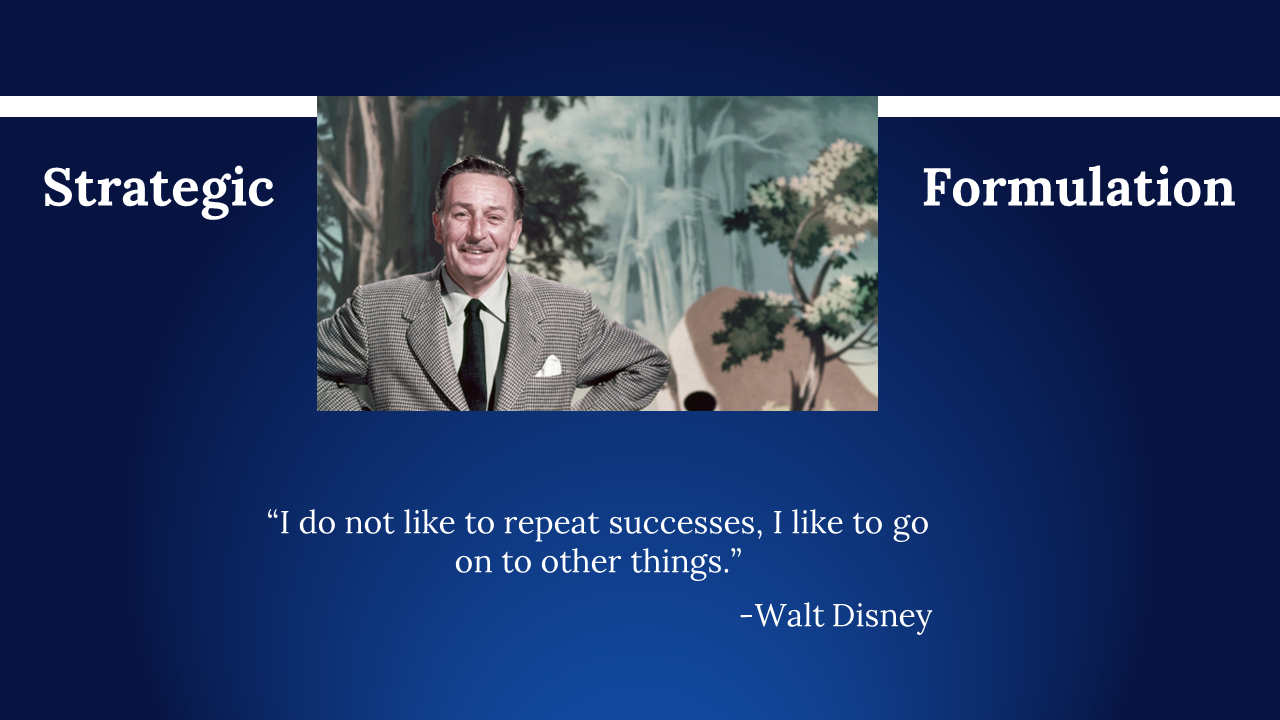Center aligned image of Walt Disney with inspirational quote and white text on dark blue background.