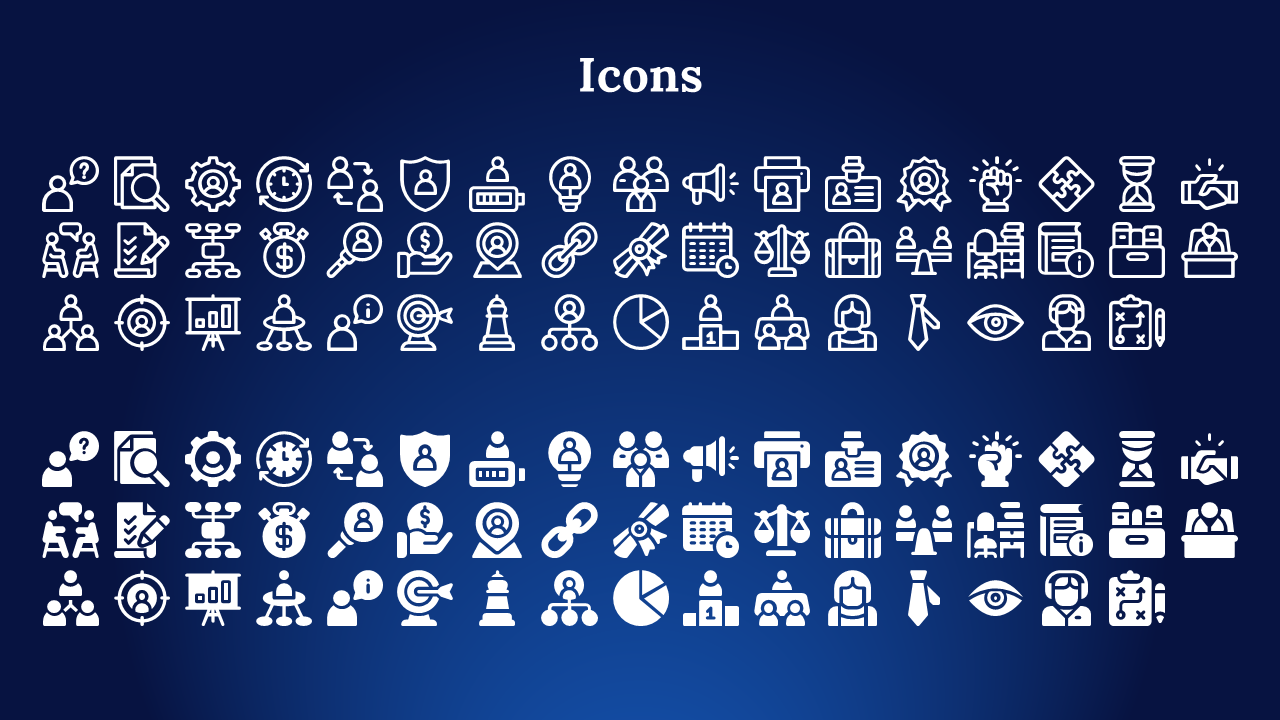 Icon collection slide with two sets of corporate style symbols like briefcases, users, charts, and light bulbs.