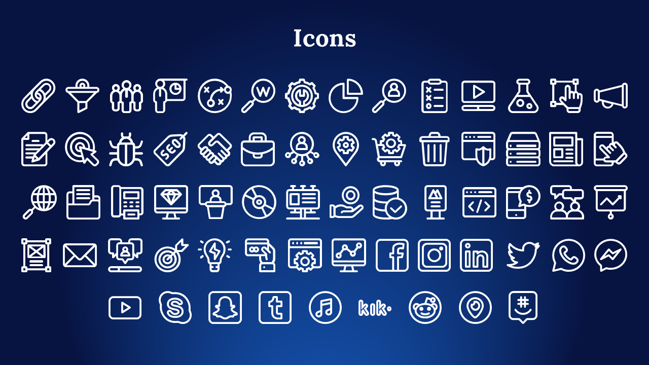 Collection of mixed business and tech icons with symbols for analysis, marketing, coding, and social platforms.
