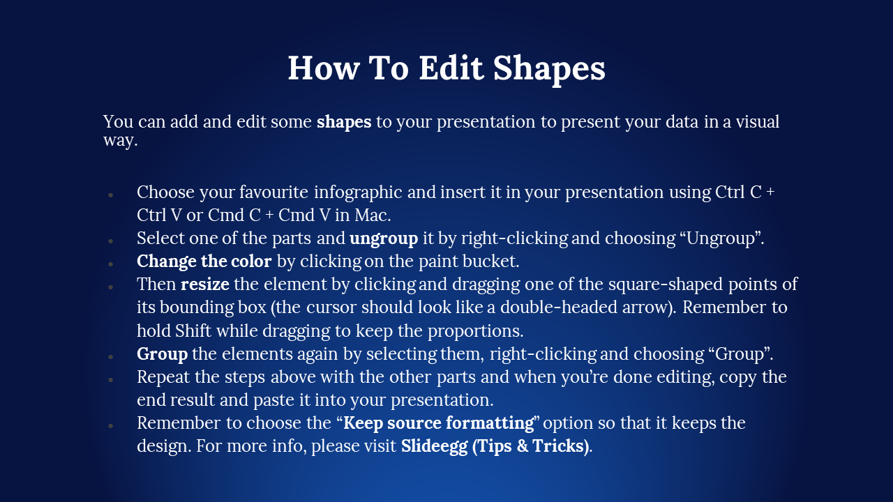Instructional layout explaining how to copy, ungroup, color, resize, and regroup shapes, with formatting tips below.
