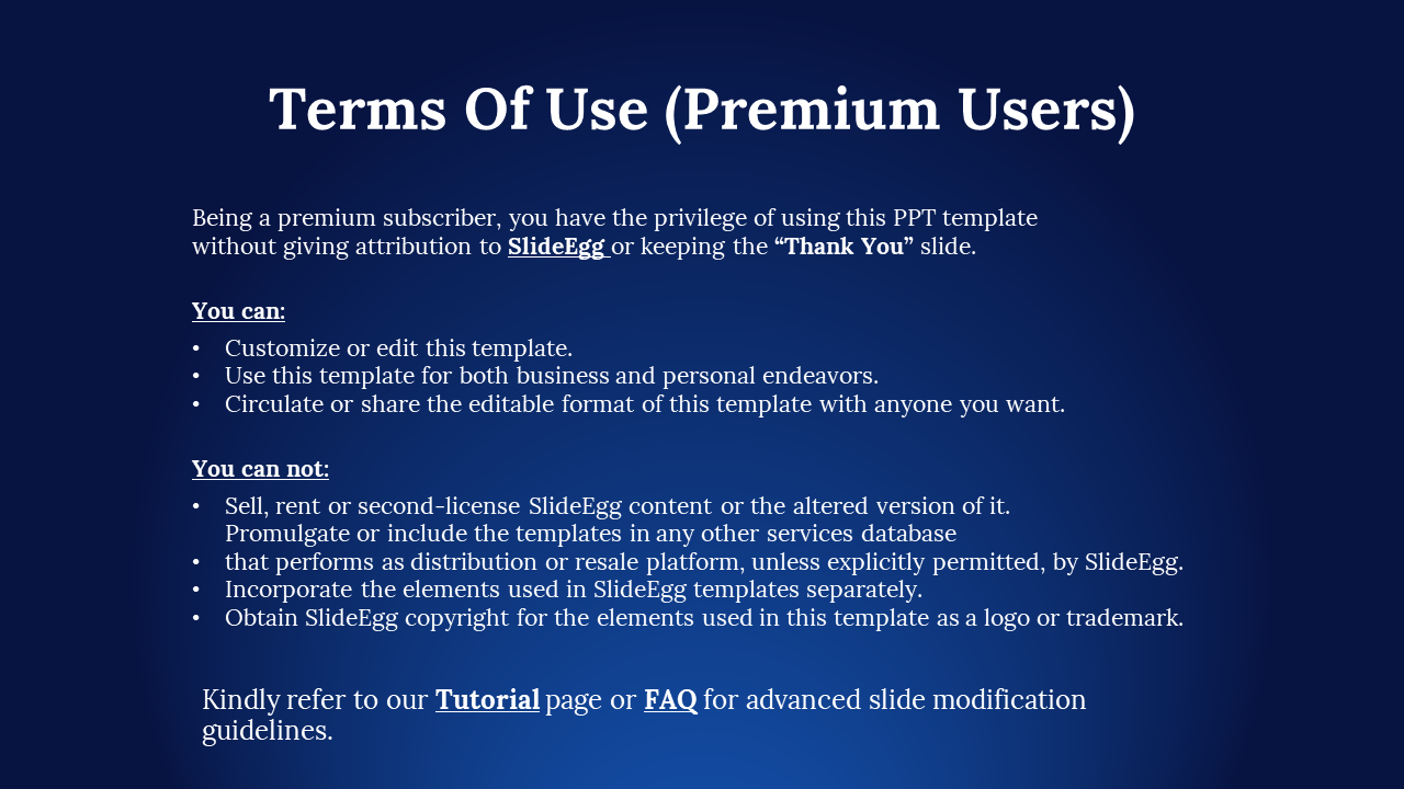 Slide detailing what premium users can and cannot do with the template, including sharing and editing rights.