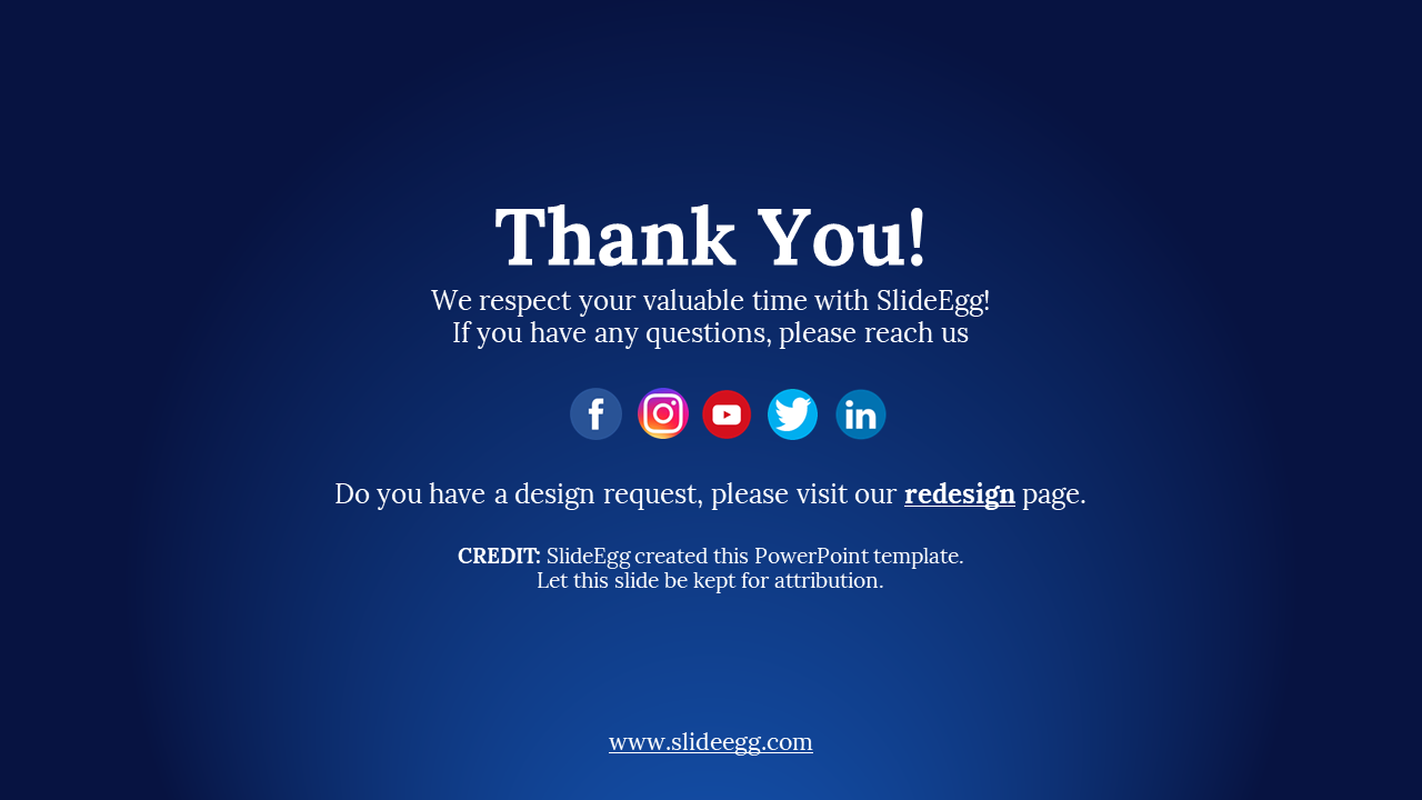 Thank you slide with social media icons and SlideEgg contact and credit information on a blue background.