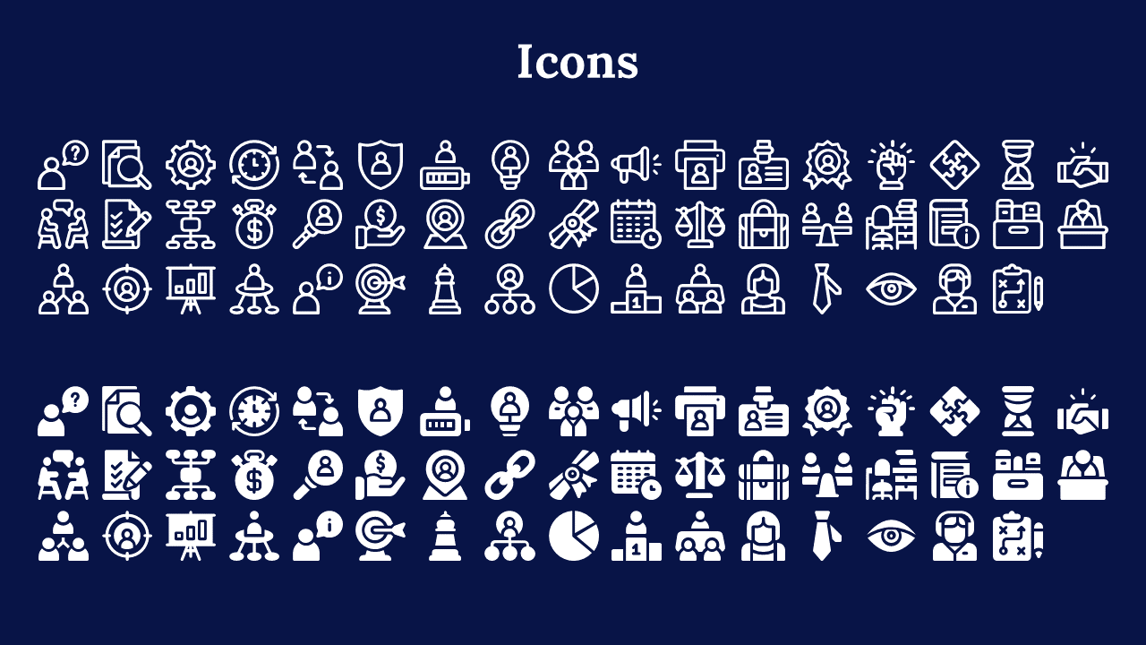 Set of professional icons including gears, people, charts, and briefcases in both outline and solid styles, labeled icons.
