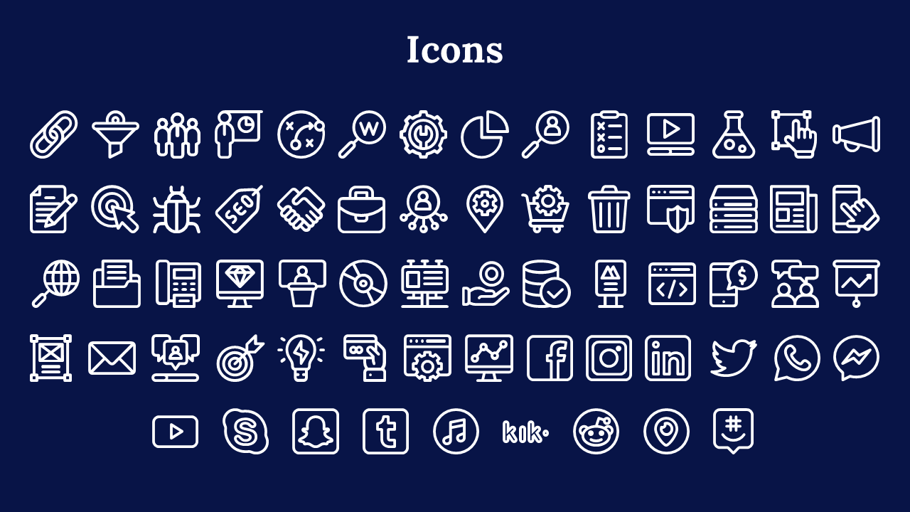 Grid of outlined white icons for SEO, media, analytics, and social platforms like Facebook and Twitter on navy background.