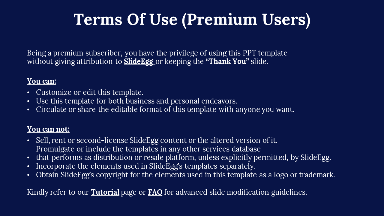 Blue slide outlining rights for SlideEgg premium users, including template usage, sharing, and copyright limitations.
