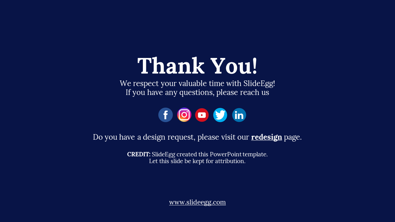 Thank You slide with contact message, social media icons, and SlideEgg attribution text at the bottom.