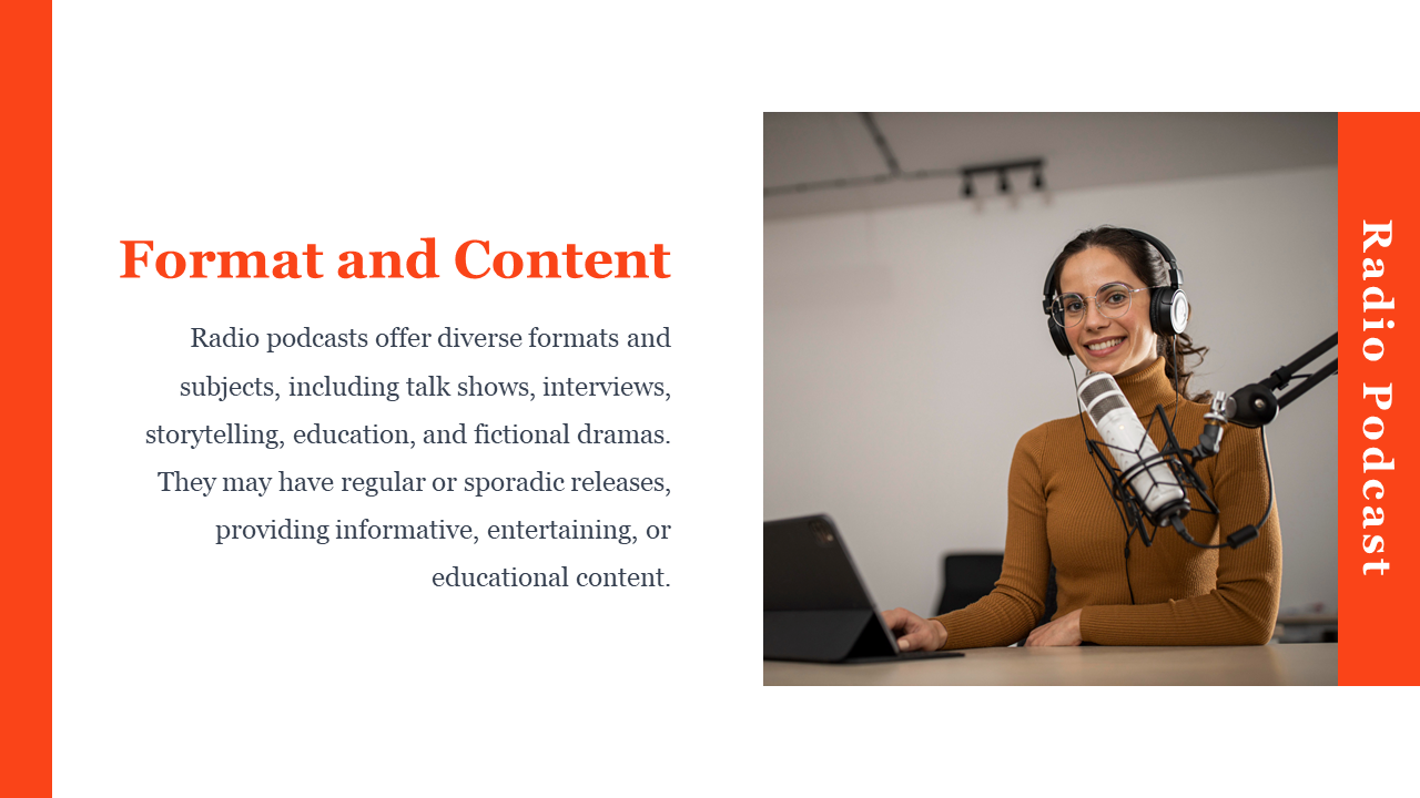 Podcast format slide showing a woman host with a mic and headphones beside descriptive text and orange vertical strip.