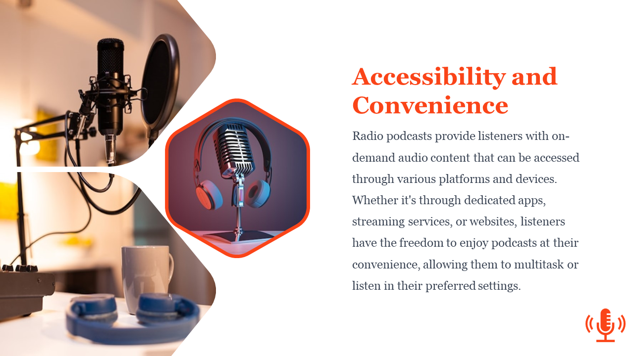Curved split layout with studio mic, mug, and headset on left and hexagon mic icon near text on podcast accessibility.