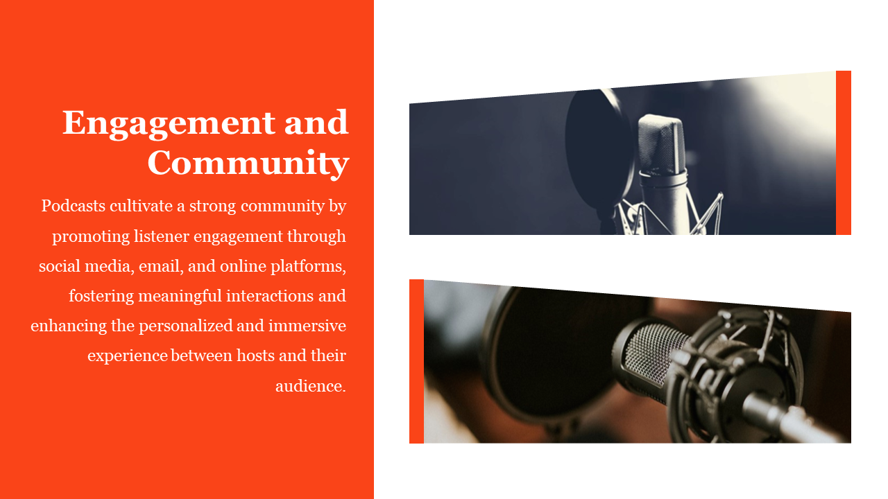Left studio equipment images in curved frames with hexagon mic icon, and accessibility content text on white background.