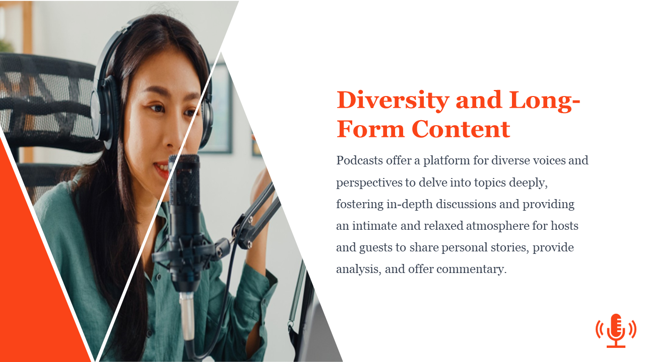 Two diagonal mic images paired with bold white text on an orange background discussing podcast audience interaction.
