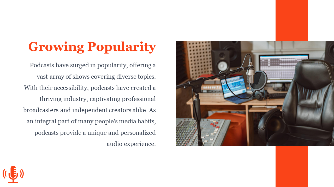 Triangular design framing a podcaster beside a white panel with orange title and paragraph about diversity in podcasting.