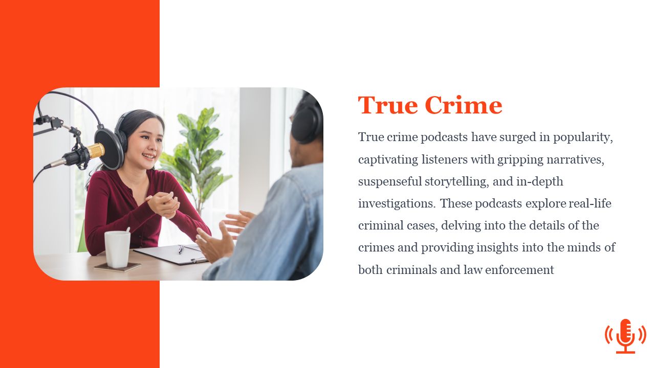 Podcast slide showing sound studio with mic and pop filter beside a centered paragraph and orange microphone icon.
