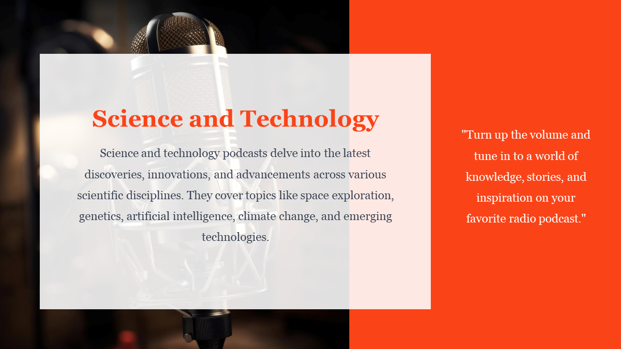 Podcast slide with a bright studio image of two people talking, orange corners, and a paragraph on true crime content.
