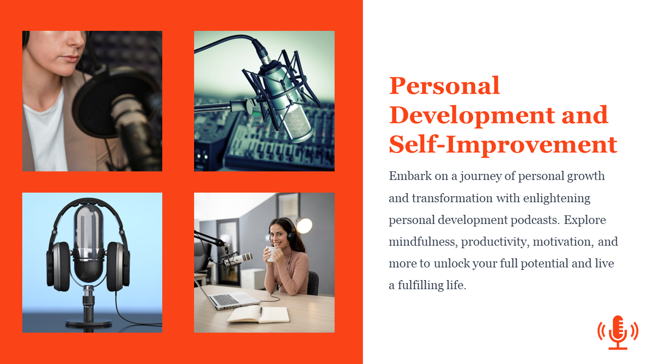 Podcast slide featuring mic in blurred background with centered content on science topics and orange sidebar quote.