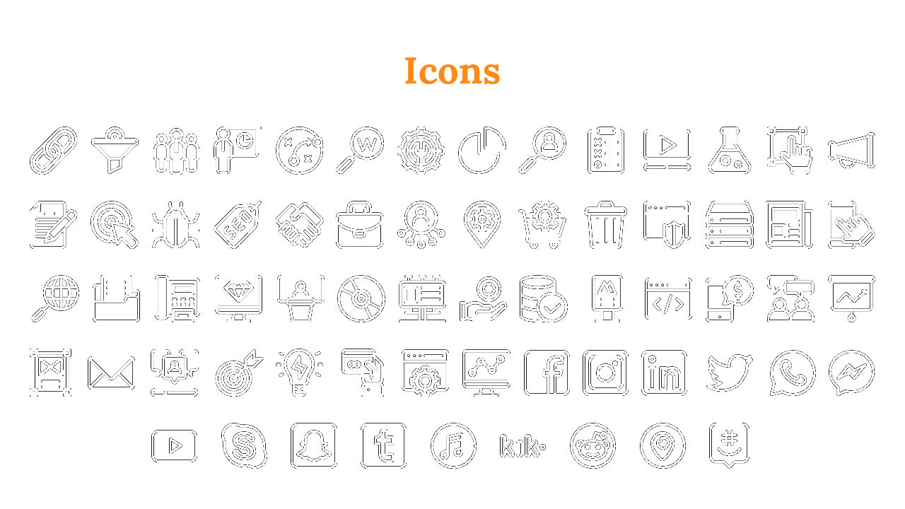 Collection of black outline and filled icons featuring people, charts, gears, and briefcases arranged in two neat rows.