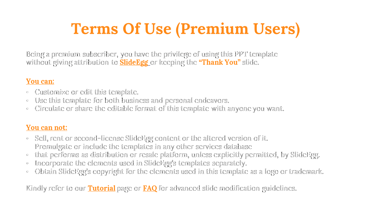 Terms of Use slide for premium users with orange headers listing allowed and restricted template uses and sharing rules.