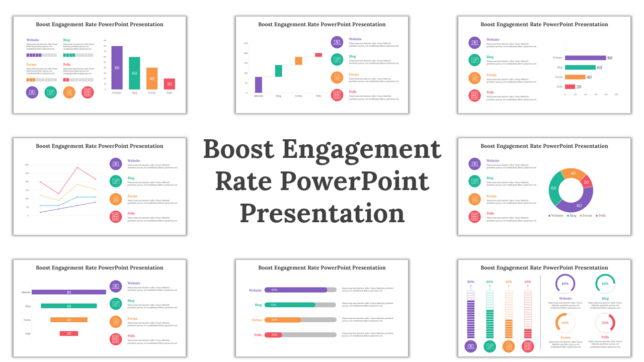 Boost Engagement Rate slide bundle featuring visuals like vertical bars, donut charts, and comparison graphs with icons.