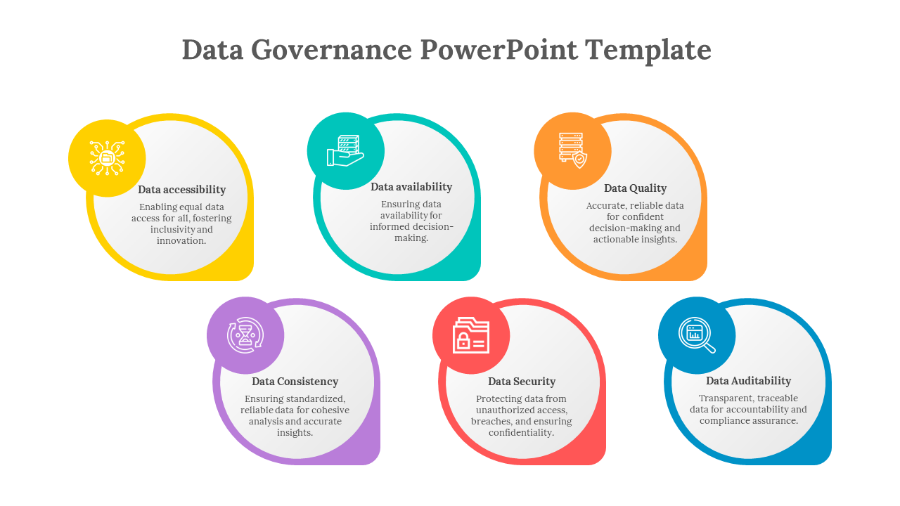 Six rounded square segments in different colors showing data governance elements with icons and descriptions.