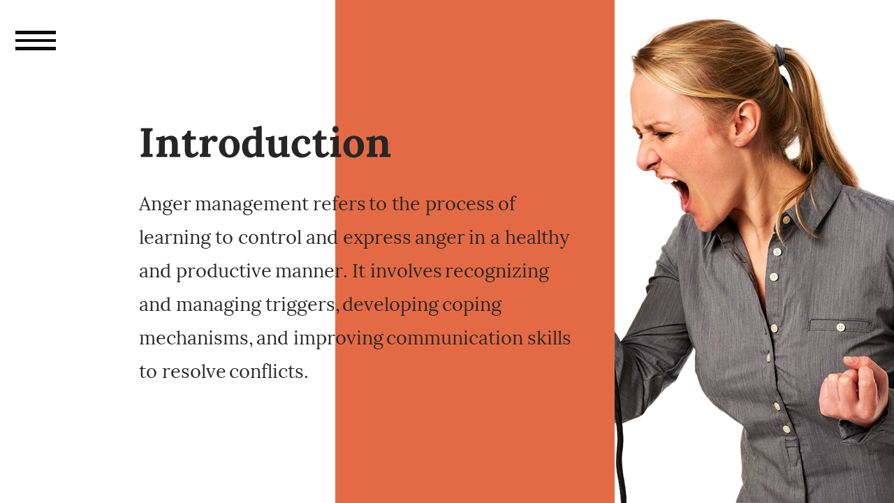 Anger management introduction slide with definition text on the left and a photo of an angry woman yelling on the right.