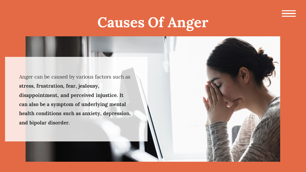 Causes of anger slide featuring emotional triggers in text and a photo of a woman appearing overwhelmed.