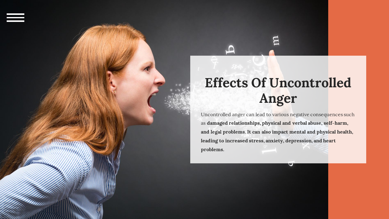 Slide discussing effects of unmanaged anger, featuring bold header, detailed paragraph, and expressive image.