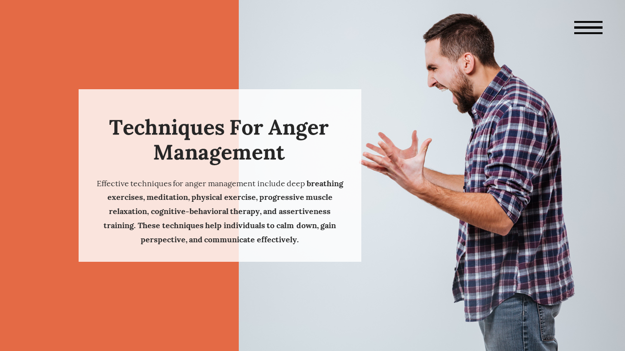 Slide featuring a shouting man and paragraph on therapy, relaxation, and assertiveness for anger control.