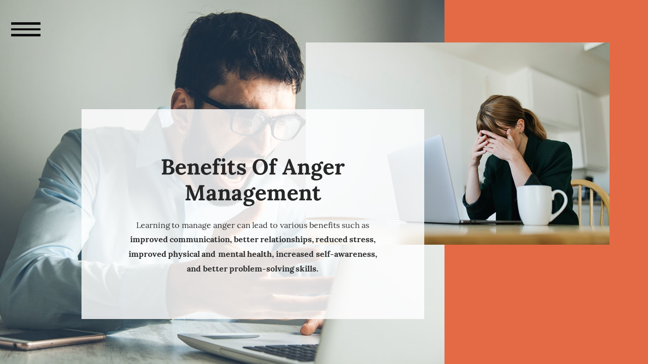 Presentation slide showing emotional distress in two people, with a centered text box listing benefits of managing anger.