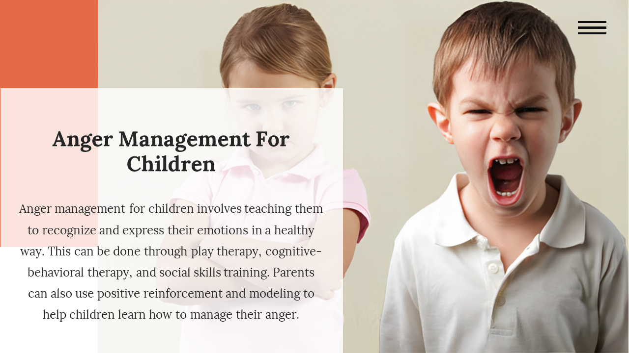 Infographic layout showing children with angry expressions alongside text on play therapy and coping skills.