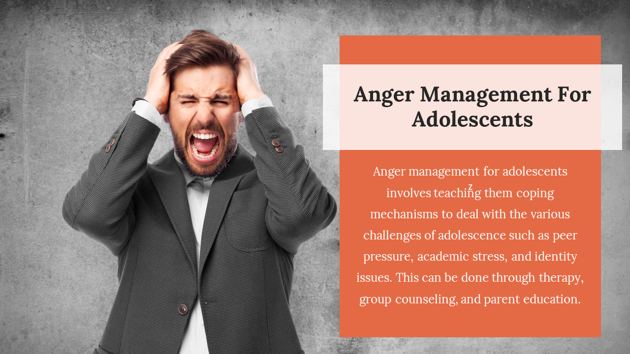 Infographic layout with bold title, emotional image, and text about peer pressure, stress, and anger control in youth.
