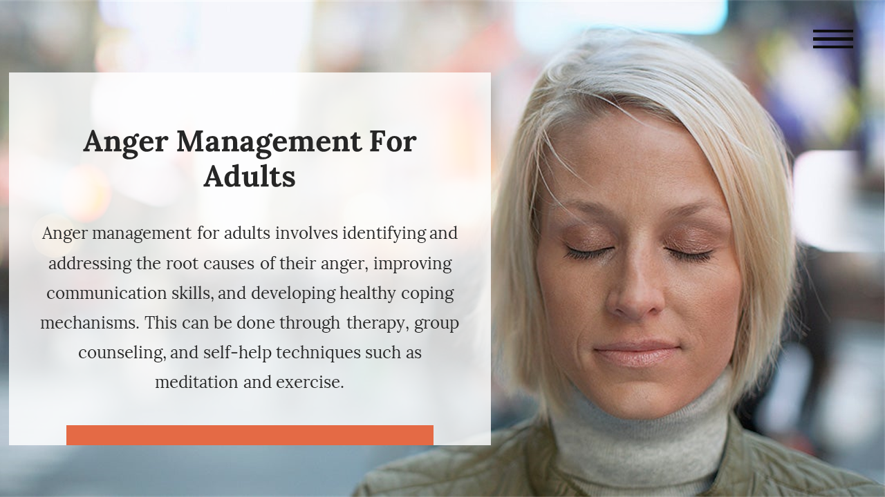 Visual on adult anger management showing a calm woman and informative content on self help, counseling, and exercises.