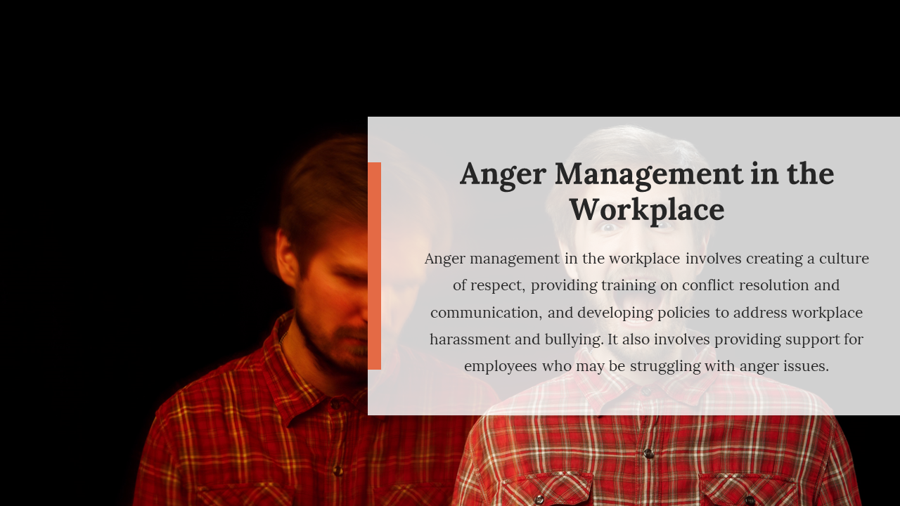 Informative slide with a man displaying mixed emotions and tips on conflict resolution, bullying, and employee support.