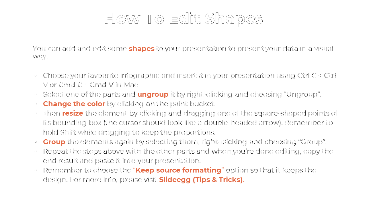White background slide with bold black heading and orange highlighted keywords explaining shape customization steps.