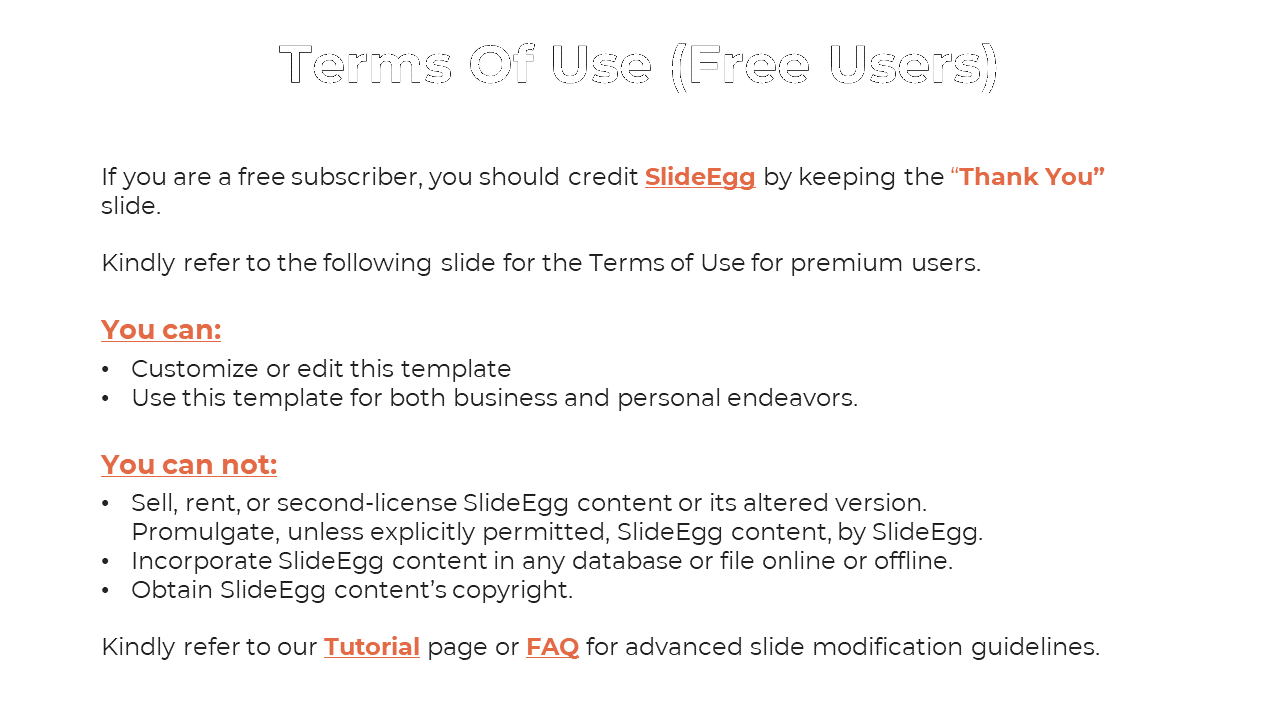 Instructional slide describing permitted and restricted uses of SlideEgg content for free users, using clean text formatting.