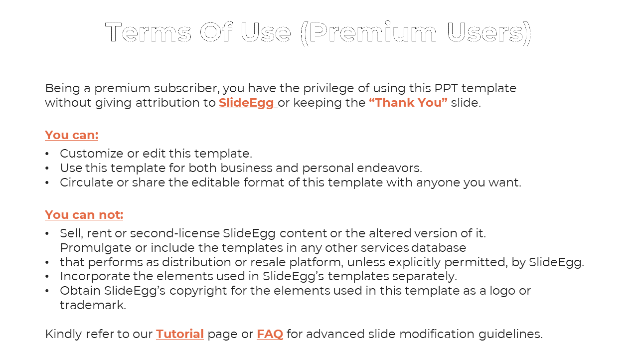 Instructional slide outlining allowed and restricted actions for SlideEgg premium templates, with key links and headings.