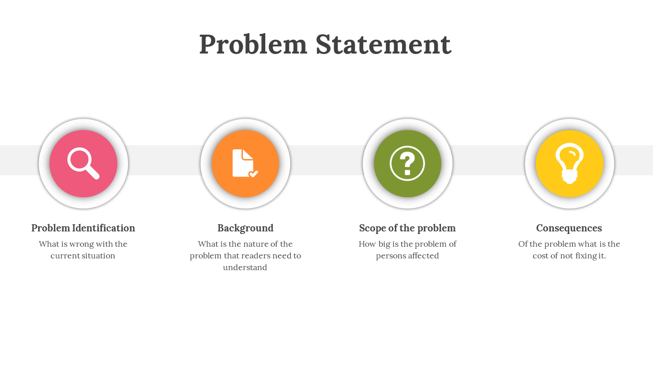 Problem statement elements in circular icons arranged left to right, each with a title and short explanation below.