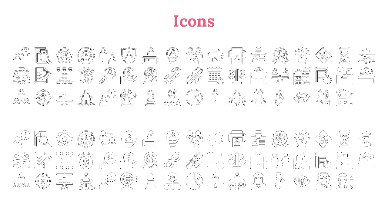 Icon pack layout with uniform business icons grouped by line and filled designs beneath a centered pink title.